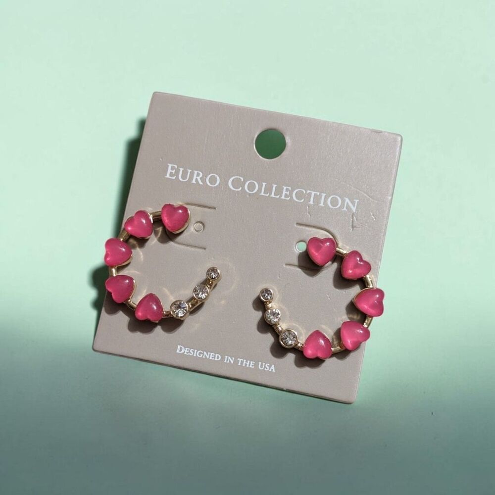 Pink Heart Hoop Earrings, Gold Tone Heart Earrings, Coquette, Girly, Y2K Jewelry - Picture 3 of 5